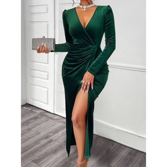 Kadın Uzun Kollu Kruvaze Yaka önünden çapraz Detaylı Uzun Kadife Elbise, 29814 Kadın Uzun Kollu Kruvaze Yaka önünden çapraz Detaylı Uzun Kadife Elbise, 29814