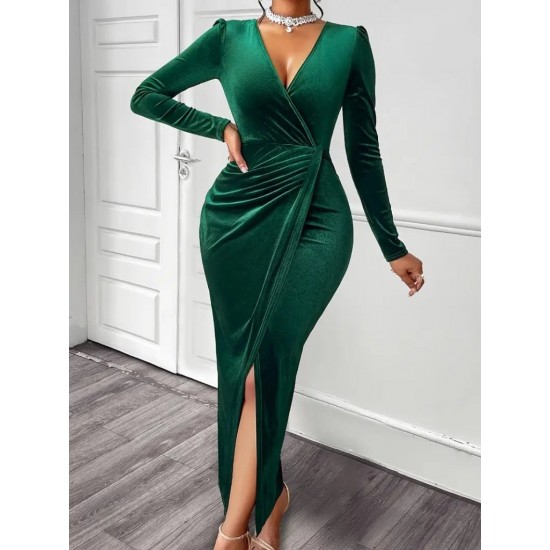 Kadın Uzun Kollu Kruvaze Yaka önünden çapraz Detaylı Uzun Kadife Elbise, 29814 Kadın Uzun Kollu Kruvaze Yaka önünden çapraz Detaylı Uzun Kadife Elbise, 29814