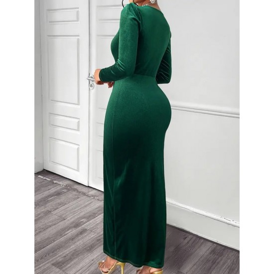 Kadın Uzun Kollu Kruvaze Yaka önünden çapraz Detaylı Uzun Kadife Elbise, 29814 Kadın Uzun Kollu Kruvaze Yaka önünden çapraz Detaylı Uzun Kadife Elbise, 29814