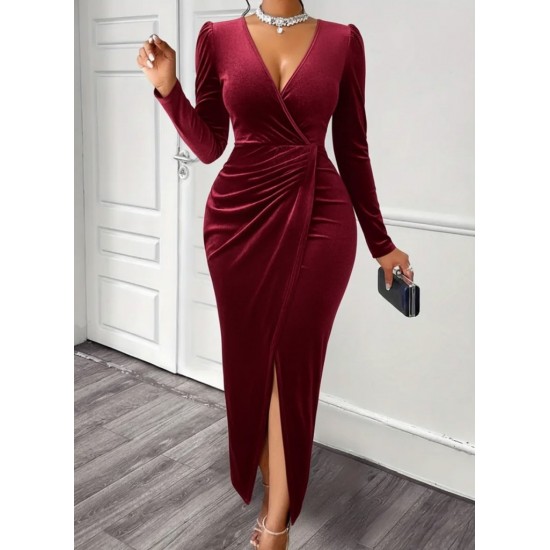 Kadın Uzun Kollu Kruvaze Yaka önünden çapraz Detaylı Uzun Kadife Elbise, 29813 Kadın Uzun Kollu Kruvaze Yaka önünden çapraz Detaylı Uzun Kadife Elbise, 29813