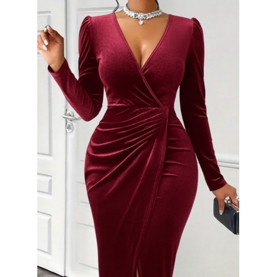 Kadın Uzun Kollu Kruvaze Yaka önünden çapraz Detaylı Uzun Kadife Elbise, 29813 Kadın Uzun Kollu Kruvaze Yaka önünden çapraz Detaylı Uzun Kadife Elbise, 29813