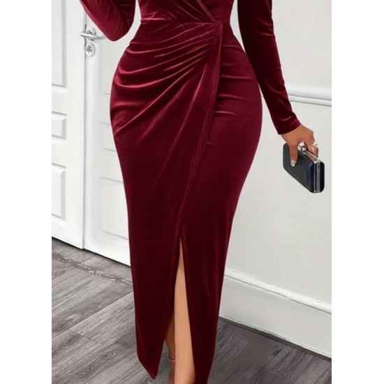Kadın Uzun Kollu Kruvaze Yaka önünden çapraz Detaylı Uzun Kadife Elbise, 29813 Kadın Uzun Kollu Kruvaze Yaka önünden çapraz Detaylı Uzun Kadife Elbise, 29813