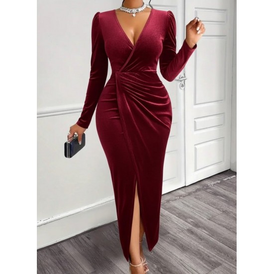 Kadın Uzun Kollu Kruvaze Yaka önünden çapraz Detaylı Uzun Kadife Elbise, 29813 Kadın Uzun Kollu Kruvaze Yaka önünden çapraz Detaylı Uzun Kadife Elbise, 29813