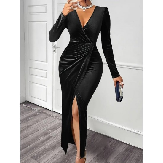 Kadın Uzun Kollu Kruvaze Yaka önünden çapraz Detaylı Uzun Kadife Elbise , 29812 Kadın Uzun Kollu Kruvaze Yaka önünden çapraz Detaylı Uzun Kadife Elbise , 29812