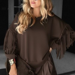 Kadın Uzun Kollu Bisiklet Yaka Kolları Püsküllü Modal Bluz , 29811 Kadın Uzun Kollu Bisiklet Yaka Kolları Püsküllü Modal Bluz , 29811