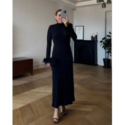 Kadın Uzun Kollu Balıkçı Yaka Kol Ağzı Tüy Detaylı Uzun Krep Elbise , 29815