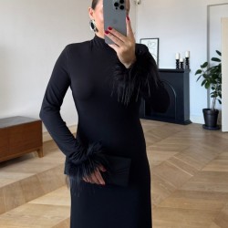 Kadın Uzun Kollu Balıkçı Yaka Kol Ağzı Tüy Detaylı Uzun Krep Elbise , 29815