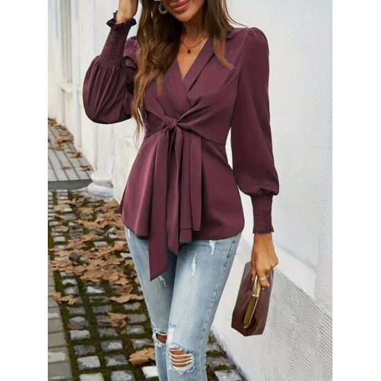Kadın Uzun Kollu Kruvaze Yakalı önden Bağlamalı Ithal Krep Bluz, 29820