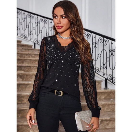 Kadın Uzun Kollu V Yakalı Dantelli Taşlı Sandy Bluz , 29817