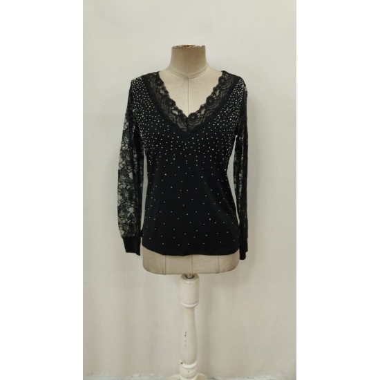 Kadın Uzun Kollu V Yakalı Dantelli Taşlı Sandy Bluz , 29817