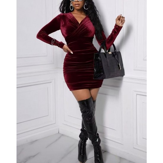 Kadın Uzun Kollu çapraz Yakalı Mini Kadife Elbise , 29855