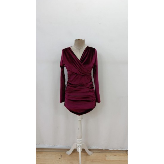 Kadın Uzun Kollu çapraz Yakalı Mini Kadife Elbise , 29855