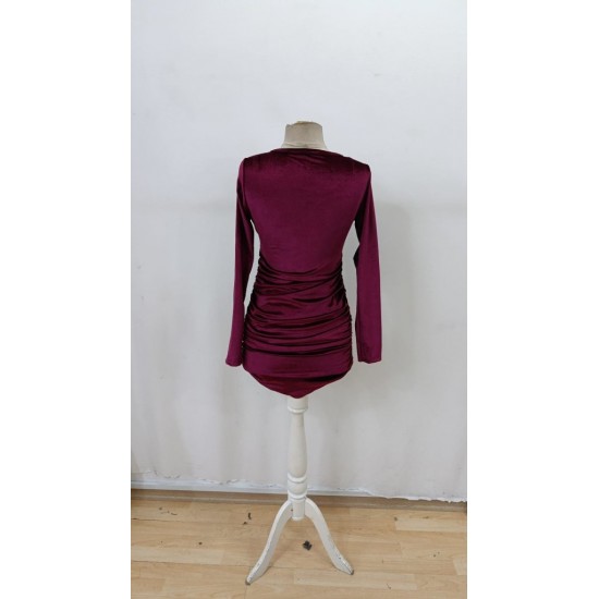 Kadın Uzun Kollu çapraz Yakalı Mini Kadife Elbise , 29855