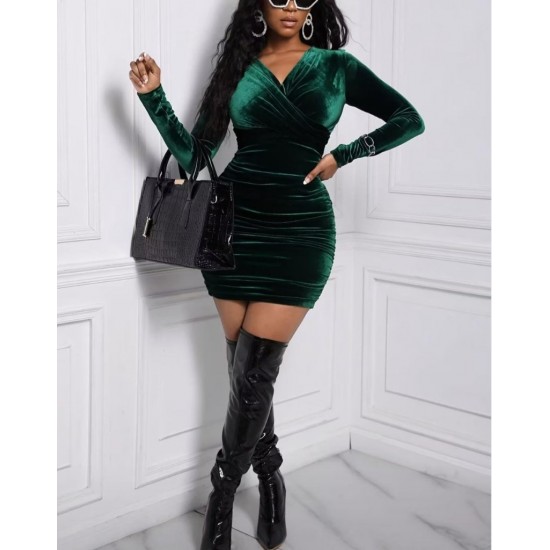 Kadın Uzun Kollu çapraz Yakalı Mini Kadife Elbise , 29854