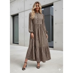 Kadın Uzun Kollu Hakim Yakalı Düğmeli Kemersiz Desenli Maxi Süprem Elbise, 29852