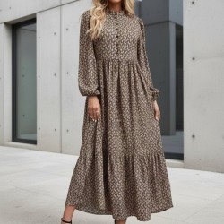 Kadın Uzun Kollu Hakim Yakalı Düğmeli Kemersiz Desenli Maxi Süprem Elbise, 29852