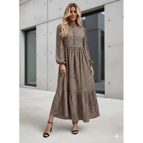 Kadın Uzun Kollu Hakim Yakalı Düğmeli Kemersiz Desenli Maxi Süprem Elbise, 29852 Kadın Uzun Kollu Hakim Yakalı Düğmeli Kemersiz Desenli Maxi Süprem Elbise, 29852