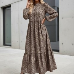 Kadın Uzun Kollu Hakim Yakalı Düğmeli Kemersiz Desenli Maxi Süprem Elbise, 29852 Kadın Uzun Kollu Hakim Yakalı Düğmeli Kemersiz Desenli Maxi Süprem Elbise, 29852