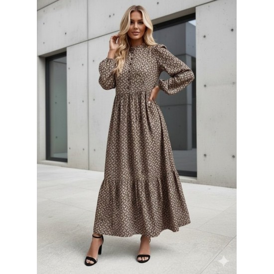 Kadın Uzun Kollu Hakim Yakalı Düğmeli Kemersiz Desenli Maxi Süprem Elbise, 29852 Kadın Uzun Kollu Hakim Yakalı Düğmeli Kemersiz Desenli Maxi Süprem Elbise, 29852