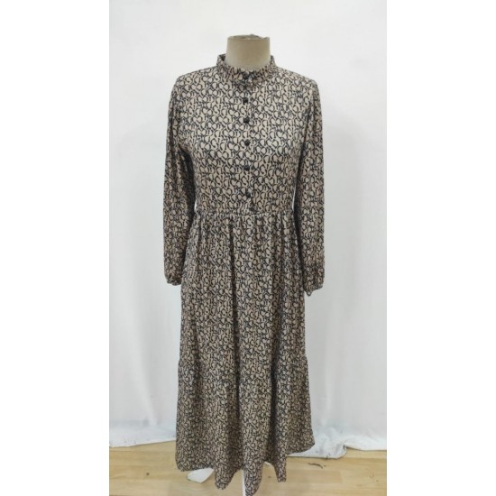 Kadın Uzun Kollu Hakim Yakalı Düğmeli Kemersiz Desenli Maxi Süprem Elbise, 29852 Kadın Uzun Kollu Hakim Yakalı Düğmeli Kemersiz Desenli Maxi Süprem Elbise, 29852