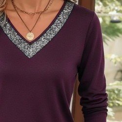 Kadın Uzun Kollu V Yakalı Viskon Mürdüm Bluz, 29837