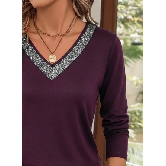 Kadın Uzun Kollu V Yakalı Viskon Mürdüm Bluz, 29837