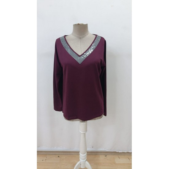 Kadın Uzun Kollu V Yakalı Viskon Mürdüm Bluz, 29837