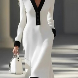 Kadın Uzun Kollu V Yakalı Düğmeli Midi Modal Elbise , 29863