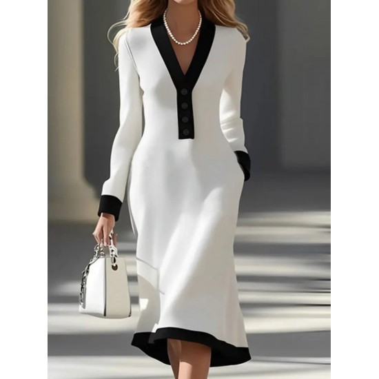 Kadın Uzun Kollu V Yakalı Düğmeli Midi Modal Elbise , 29863