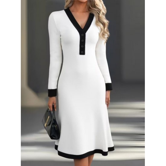 Kadın Uzun Kollu V Yakalı Düğmeli Midi Modal Elbise , 29863