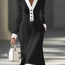 Kadın Uzun Kollu V Yakalı Düğmeli Midi Modal Elbise , 29862