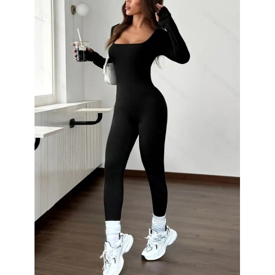 Kadın Uzun Kollu Kare Yakalı Fermuarlı Parmaktan Geçmeli Dalgıç Tulum , 29861