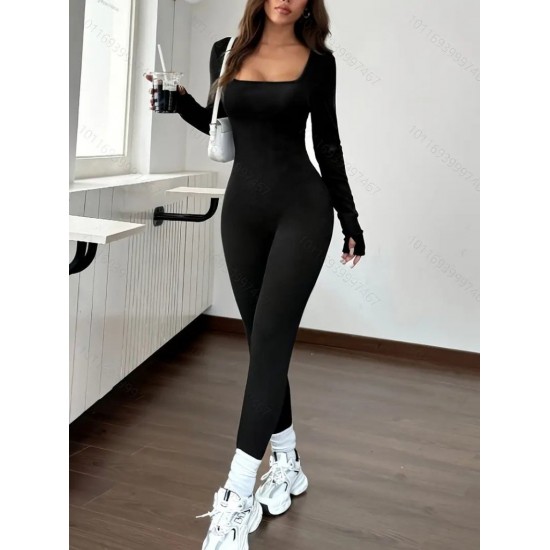 Kadın Uzun Kollu Kare Yakalı Fermuarlı Parmaktan Geçmeli Dalgıç Tulum , 29861