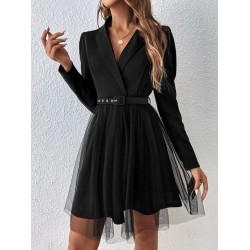 Kadın Uzun Kollu Yakalı Belinde Kemer Detaylı Mini Tüllü Ithal Krep Elbise , 29860