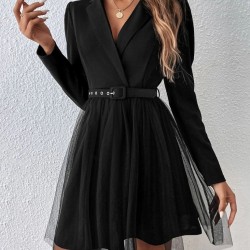 Kadın Uzun Kollu Yakalı Belinde Kemer Detaylı Mini Tüllü Ithal Krep Elbise , 29860