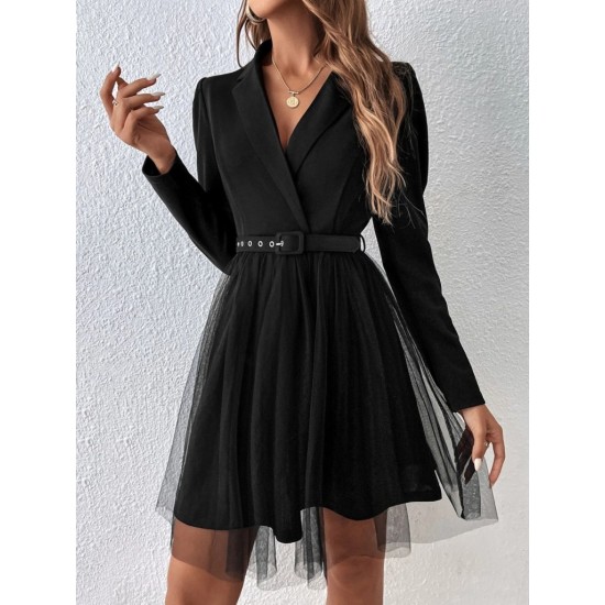 Kadın Uzun Kollu Yakalı Belinde Kemer Detaylı Mini Tüllü Ithal Krep Elbise , 29860