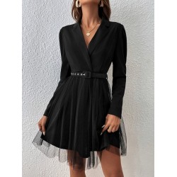 Kadın Uzun Kollu Yakalı Belinde Kemer Detaylı Mini Tüllü Ithal Krep Elbise , 29860