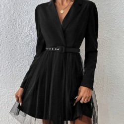 Kadın Uzun Kollu Yakalı Belinde Kemer Detaylı Mini Tüllü Ithal Krep Elbise , 29860 Kadın Uzun Kollu Yakalı Belinde Kemer Detaylı Mini Tüllü Ithal Krep Elbise , 29860