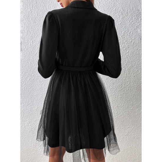 Kadın Uzun Kollu Yakalı Belinde Kemer Detaylı Mini Tüllü Ithal Krep Elbise , 29860