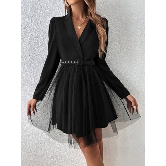 Kadın Uzun Kollu Yakalı Belinde Kemer Detaylı Mini Tüllü Ithal Krep Elbise , 29860