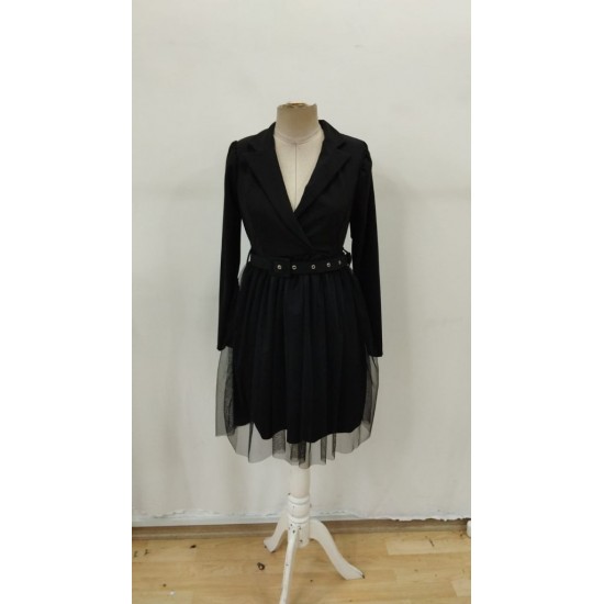 Kadın Uzun Kollu Yakalı Belinde Kemer Detaylı Mini Tüllü Ithal Krep Elbise , 29860