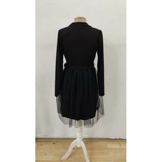 Kadın Uzun Kollu Yakalı Belinde Kemer Detaylı Mini Tüllü Ithal Krep Elbise , 29860