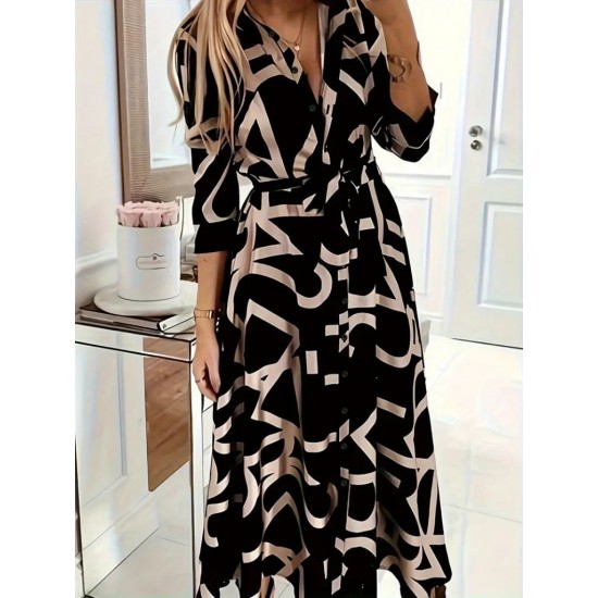 Kadın Uzun Kollu Yakalı önden Düğmeli Uzun Süprem Elbise , 29858