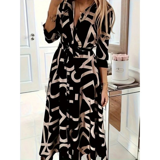 Kadın Uzun Kollu Yakalı önden Düğmeli Uzun Süprem Elbise , 29858