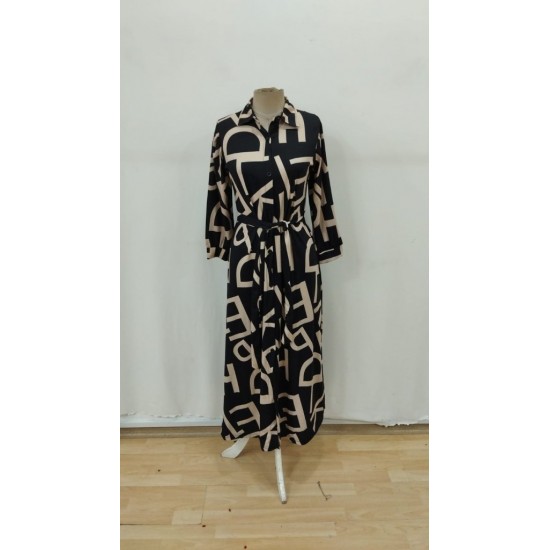 Kadın Uzun Kollu Yakalı önden Düğmeli Uzun Süprem Elbise , 29858