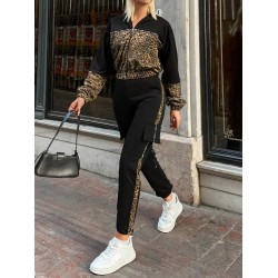 Kadın Uzun Kollu Kapşonlu Leopar Desenli Viskon Iki Iplik Bluz Ve Pantolon Ikili Takım , 29873