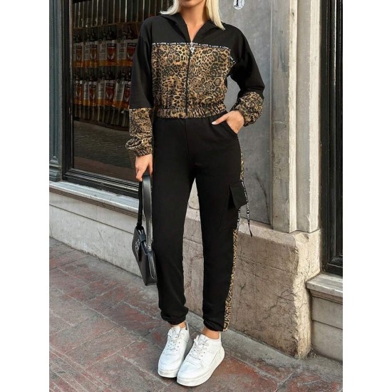 Kadın Uzun Kollu Kapşonlu Leopar Desenli Viskon Iki Iplik Bluz Ve Pantolon Ikili Takım , 29873