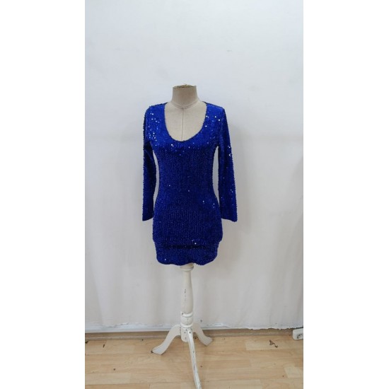 Kadın Uzun Kollu Derin V Yakalı Mini Pulpayet Elbise , 29872