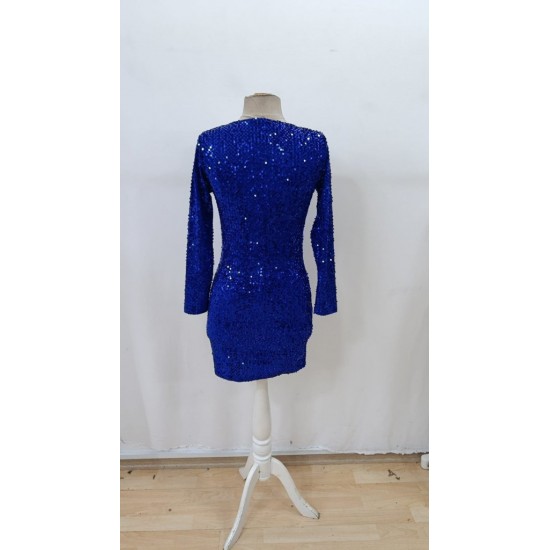 Kadın Uzun Kollu Derin V Yakalı Mini Pulpayet Elbise , 29872