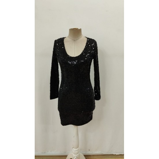 Kadın Uzun Kollu Derin V Yakalı Mini Pulpayet Elbise , 29871